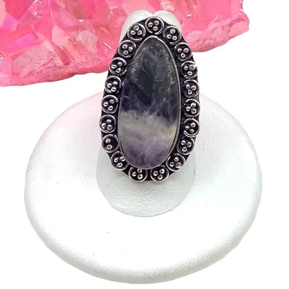 Chevron Amethyst Ring Size 7.5 925 Sterling Silver Overlay Boho Stone Purple